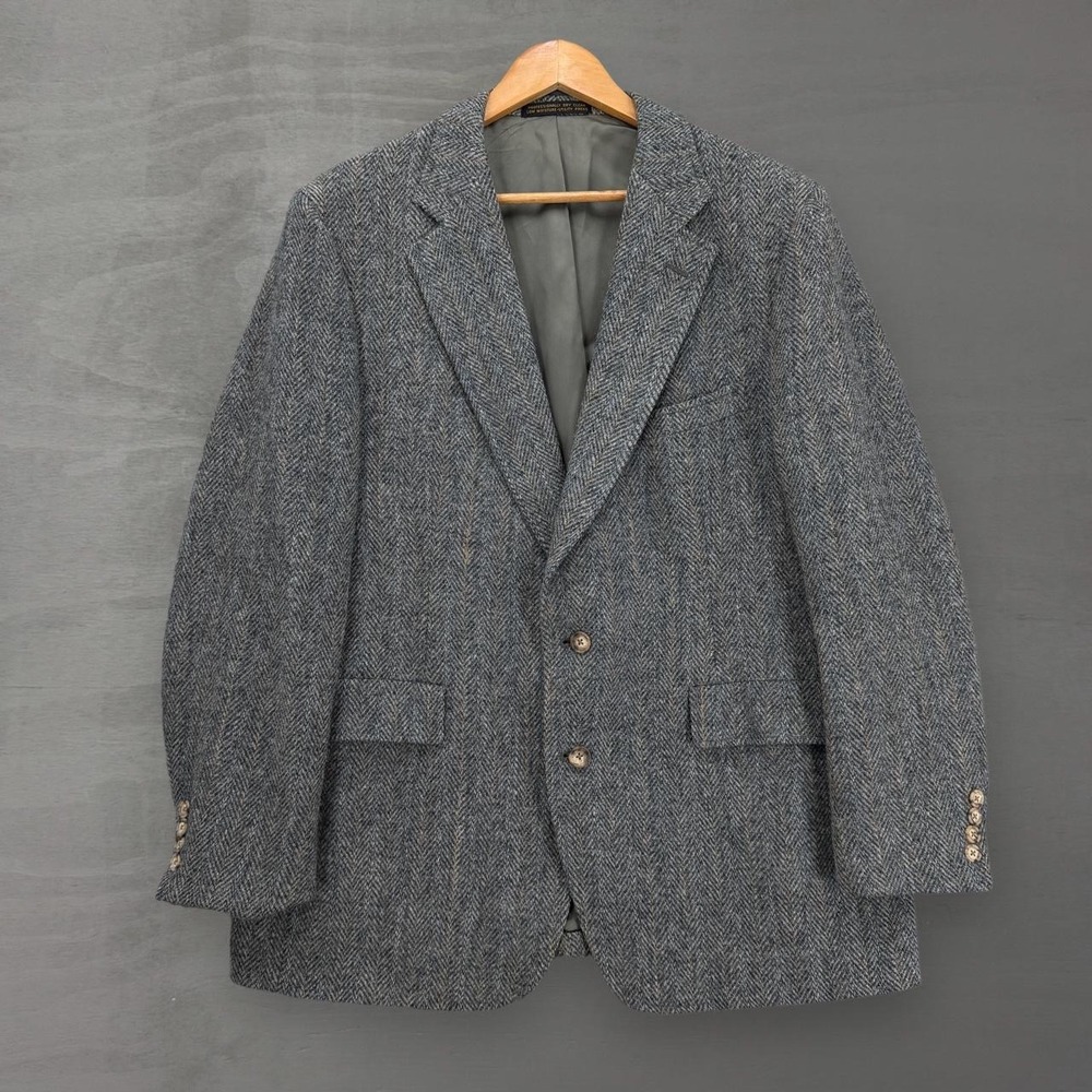 Vintage Deansgate Harris Tweed Blazer Grey Herringbone Wool Sport Coat 44R